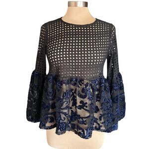 Dor Dor Couture Black Eyelet Blue Velvet Mesh Babydoll Top SM Whimsygoth Fairy